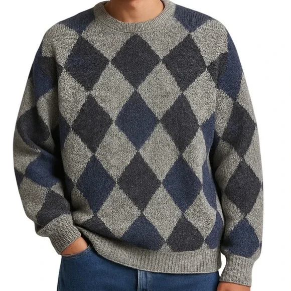 VTG HENRY GRETHEL Sweater Argyle Gray Blue XL Y2K 90s Handframe Knit Abstract - Picture 1 of 12